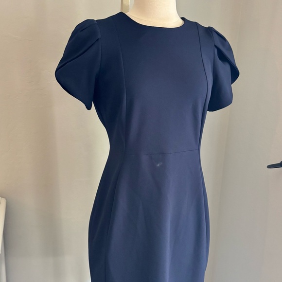Calvin Klein Blue Sheath Dress Tulip Sleeve Knee Length Scuba Stretch, Sz 6 NWT - Picture 3 of 14